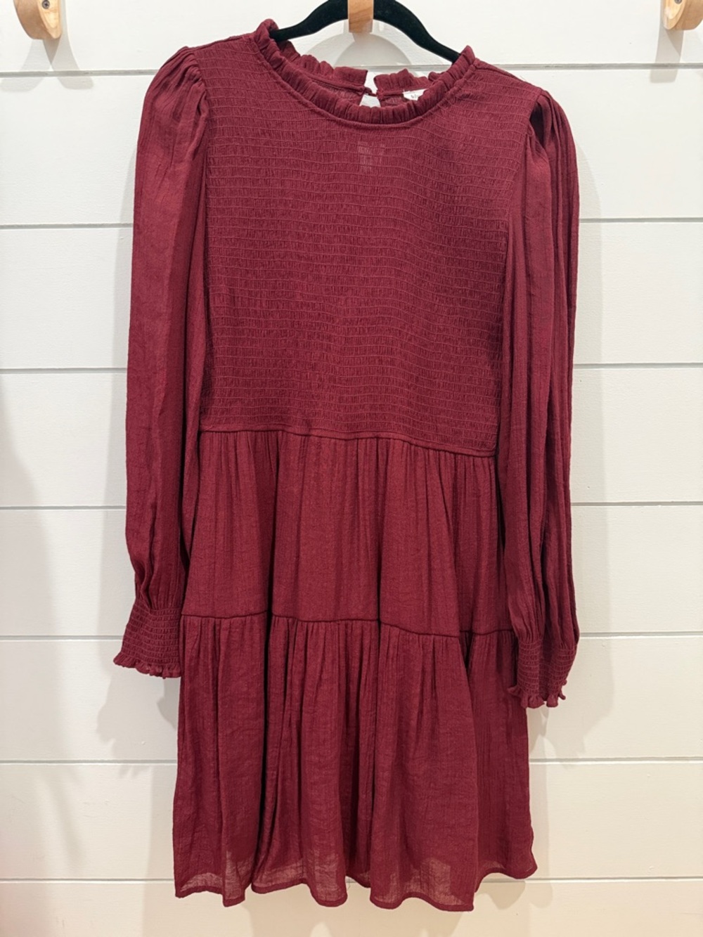 Blu Pepper Burgundy Smocked Bodice Tiered Long-Sleeve Dress